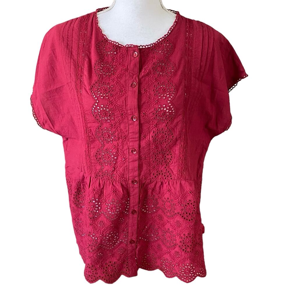 Sundance Size Xs Red Eyelet Button Front Top Shirt - image 1